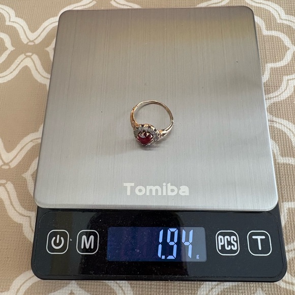 10K yellow gold Antique Victorian cocktail ring ruby red 5 glass stone - Picture 4 of 16